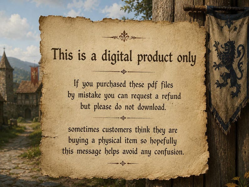May include: A parchment-style sign with the text "This is a digital product only." Additional text clarifies the product type and refund information. A medieval-style banner with a lion emblem hangs to the right.