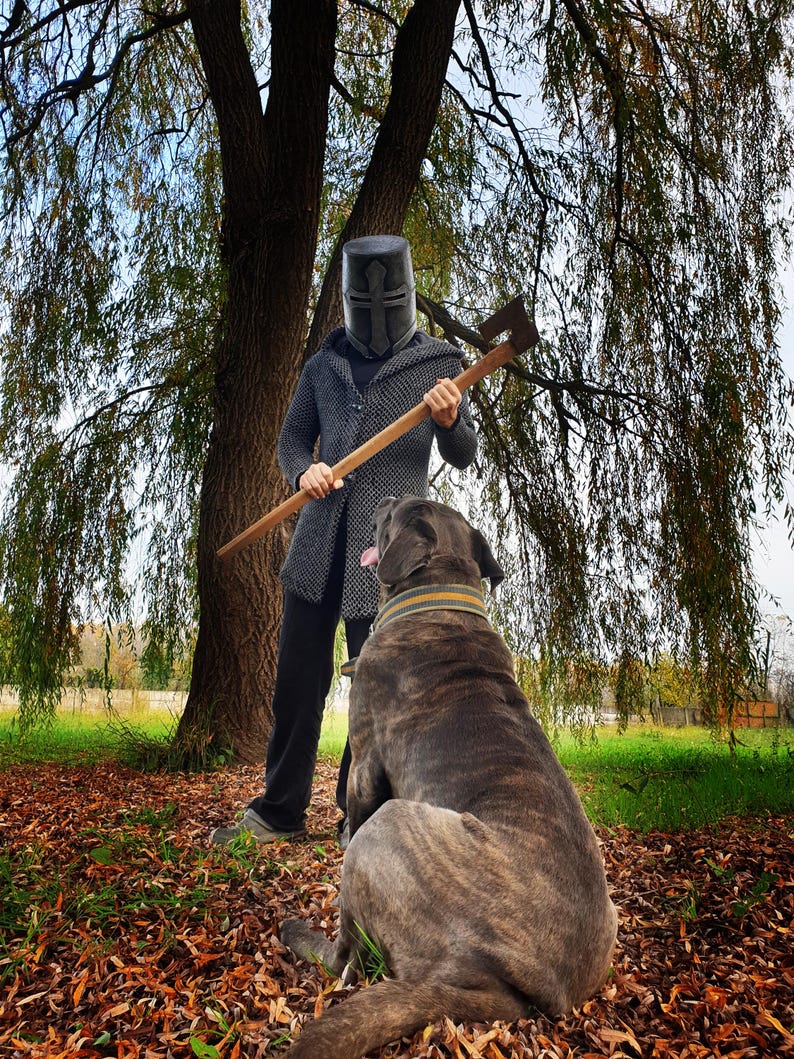 Full body shot of a person wearing the finished leather Crusader helm with a dark weathered metallic finish, chainmail armor, and holding an axe. They are standing outdoors under a willow tree next to a large brindle dog looking up at them.