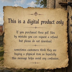 May include: A vintage-style sign stating "This is a digital product only." The text explains the product's nature and refund policy. A banner with a lion crest is visible on the right, adding a medieval aesthetic.