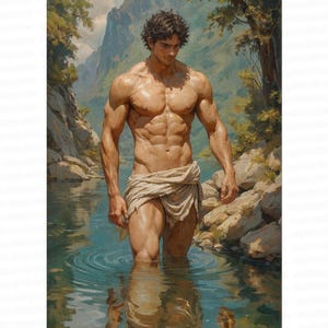 Könnte beinhalten: Ein muskulöser Mann mit nacktem Oberkörper und einem einfachen Stofftuch um die Taille steht in einem flachen Wasserbecken. Er ist umgeben von üppigem Grün und Felsen.