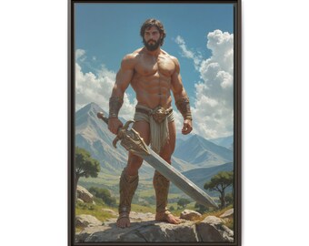Framed or Gallery Wrapped Canvas Wall Art, Mythical Muscular Hercules with Sword, Fantasy Decor
