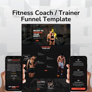 May include: A website landing page for a fitness coach or trainer. The page features a black background with red and white text. The text includes the words "Ready to Improve Your Body?" and "Transform Your Life". There are also images of people working out. The page also includes a testimonial from a satisfied customer.