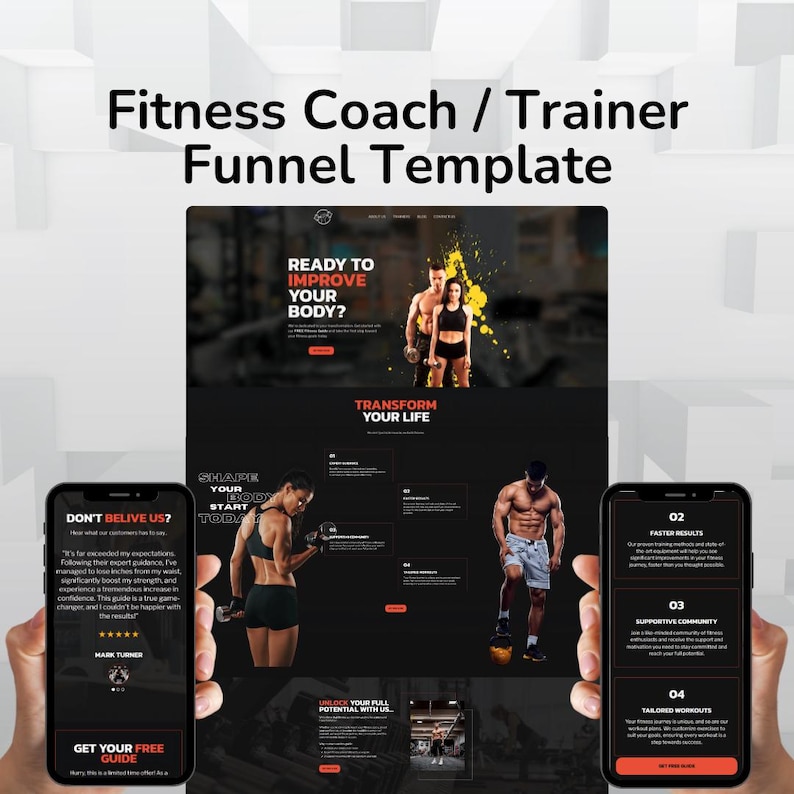 May include: A website landing page for a fitness coach or trainer. The page features a black background with red and white text. The text includes the words "Ready to Improve Your Body?" and "Transform Your Life". There are also images of people working out. The page also includes a testimonial from a satisfied customer.