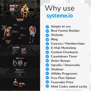 May include: A website screenshot showing the benefits of using Systeme.io, a website and funnel builder. The benefits include simple to use, best funnel builder, website, blog, courses, memberships, email marketing, custom checkouts, countdown timer, order bumps, upsells, downsells, webinar, affiliate program, free plan option, favorable price, and HTML codes added easily.