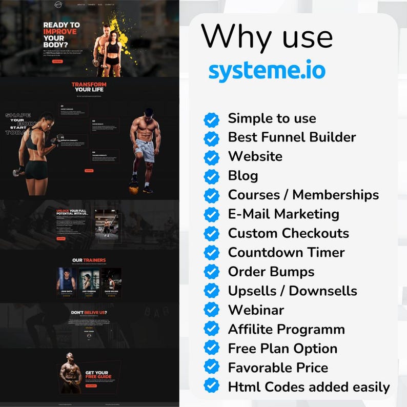 May include: A website screenshot showing the benefits of using Systeme.io, a website and funnel builder. The benefits include simple to use, best funnel builder, website, blog, courses, memberships, email marketing, custom checkouts, countdown timer, order bumps, upsells, downsells, webinar, affiliate program, free plan option, favorable price, and HTML codes added easily.