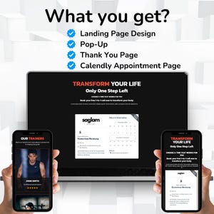 May include: A computer screen displaying a website with the text "Transform Your Life Only One Step Left" and a calendar. The website is for booking a free 1-on-1 call to transform your body. A phone screen displaying the same website is in the foreground.
