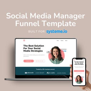 Puede incluir: Un portátil y un smartphone muestran una plantilla de embudo de redes sociales. La pantalla del portátil muestra un sitio web con el texto "The Best Solution For Your Social Media Strategies". El smartphone refleja el diseño del sitio web.