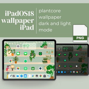 May include: A digital illustration of a plantcore iPad wallpaper with a light mode and dark mode view. The wallpaper features a bookshelf with potted plants, books, and a string of lights. The iPad screen displays various app icons.