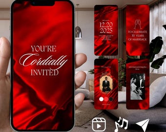 Puede incluir: Una pantalla de smartphone que muestra una invitación digital con un fondo de satén rojo intenso. El texto dice 'YOU'RE Cordially INVITED' en blanco. Paneles adicionales muestran detalles del evento, la fecha 20.12.2025 y un tema de 30 aniversario.