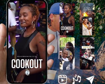 Puede incluir: Una pantalla de smartphone que muestra una interfaz de red social con un video de una persona con camiseta negra y el texto YOU'VE BEEN INVITED TO THE COOKOUT. Miniaturas de video muestran escenas de una barbacoa con texto superpuesto.