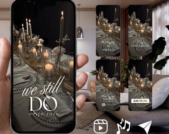 Puede incluir: Una pantalla de smartphone que muestra una invitación digital con una mesa a la luz de las velas, el texto "we still DO" y "09.20.2025". Otras variantes muestran "MARIJA & AMREZ", "25TH ANNIVERSARY", "The Rose Garden" y "CLICK THE LINK".