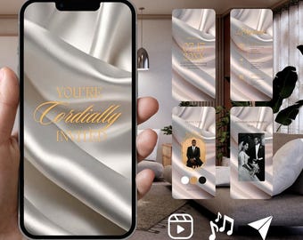 Puede incluir: Un teléfono inteligente que muestra una plantilla de invitación de boda digital con un fondo de tela de satén color crema fluido y texto dorado que dice "YOU'RE Cordially INVITED". La pantalla también muestra diapositivas adicionales.
