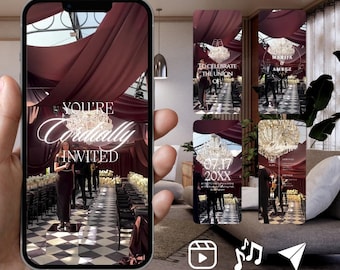 Puede incluir: Una pantalla de smartphone que muestra una invitación de boda digital con el texto YOU'RE Cordially INVITED. El fondo muestra un lugar con tela color burdeos drapeada desde el techo, un suelo de cuadros blancos y negros y una lámpara de cristal.
