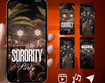 Puede incluir: Un teléfono inteligente que muestra una invitación digital para la Sorority Party de Lucy, con una multitud en un evento nocturno con palmeras y luces. La pantalla muestra el texto "YOU'VE BEEN INVITED TO Lucy's SORORITY Party" en blanco.