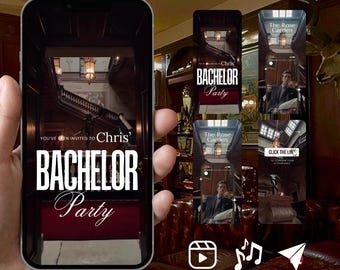 Puede incluir: Una invitación digital en la pantalla de un teléfono inteligente con el texto YOU'VE BEEN INVITED TO Chris' BACHELOR Party. El fondo muestra una escalera de madera oscura y una alfombra roja. Otras vistas previas muestran The Rose Garden.