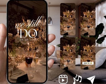 Puede incluir: Una pantalla de smartphone muestra una plantilla de invitación digital con el texto we still DO 09.20.2025 sobre una foto de una mesa a la luz de las velas. Paneles de vista previa muestran textos como MARIJA & AMREZ, 25TH ANNIVERSARY y CLICK THE LINK.