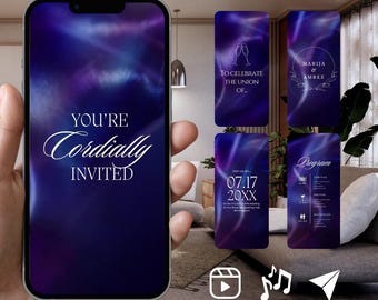 Puede incluir: Un teléfono inteligente muestra una invitación de boda digital con un fondo abstracto en azul y morado intenso. La pantalla presenta el texto blanco "YOU'RE Cordially INVITED" junto a paneles con detalles del evento y nombres.