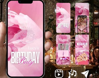 Plantilla personalizable para vídeo de cumpleaños de adultos: Pink Rosey, invitación electrónica (descarga digital). Edita fácilmente y sorprende a todos.