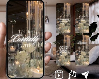 Puede incluir: Una pantalla de smartphone muestra una plantilla de invitación de boda con el texto YOU'RE Cordially INVITED, con rosas blancas y candelabros de cristal altos. Cuatro miniaturas de vista previa son visibles a la derecha.