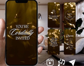 Puede incluir: Una pantalla de smartphone que muestra una invitación de boda digital con un fondo dorado oscuro de aspecto líquido. El texto "YOU'RE Cordially INVITED" aparece en blanco. Cuatro paneles rectangulares muestran detalles adicionales.