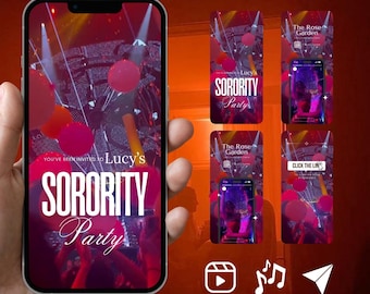 Puede incluir: Un smartphone muestra una invitación digital para la Sorority Party de Lucy con globos rosas y luces de fiesta. La pantalla muestra el texto 'YOU'VE BEEN INVITED TO Lucy's SORORITY Party' sobre una multitud borrosa e iconos sociales.