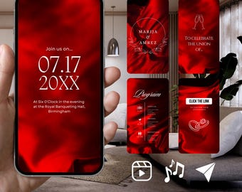 Puede incluir: Una plantilla de invitación de boda roja y blanca en la pantalla de un teléfono inteligente. La invitación incluye la fecha "07.17 20XX" y el texto "Únete a nosotros... A las seis en punto de la tarde en el Royal Banqueting Hall, Birmingham".