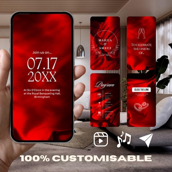 Customizable Wedding Invitation Video: Red & White E-Invite (Digital Download) Simply Edit, Impress Family