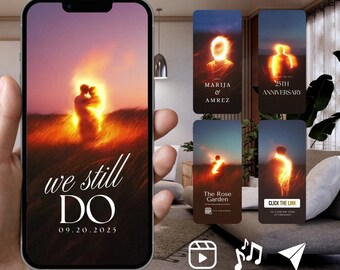 Puede incluir: Una pantalla de smartphone que muestra una invitación digital con la silueta brillante de una pareja en un campo, el texto we still DO y la fecha 09.20.2025, junto a cuatro paneles verticales más pequeños con figuras brillantes y detalles.