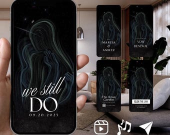 Puede incluir: Una pantalla de smartphone que muestra una invitación digital con un fondo estrellado oscuro y una ilustración de líneas brillantes de dos figuras abrazándose. El texto dice we still DO 09.20.2025, MARIJA & AMREZ, VOW RENEWAL, The Rose Garden y CLICK THE LINK.