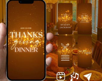 Puede incluir: Una pantalla de teléfono inteligente digital que muestra una plantilla de invitación para una cena de Acción de Gracias con un fondo ámbar cálido, efectos de luz brillantes y texto blanco que dice JOIN US FOR THANKSGIVING DINNER y detalles.