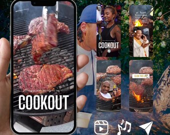 Puede incluir: Una pantalla de smartphone que muestra una interfaz de red social con múltiples marcos de video verticales que muestran filetes asándose sobre brasas, superposiciones de texto COOKOUT e iconos interactivos para video, música y compartir.