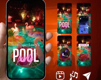 Puede incluir: Una pantalla de smartphone que muestra una invitación digital para la fiesta en la piscina de Lucy, con una piscina nocturna, flotadores iluminados con forma de flamencos y piña, y el texto superpuesto Lucy's POOL party.