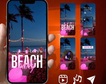 Puede incluir: Una pantalla de smartphone digital que muestra una plantilla de invitación a una fiesta en la playa con palmeras, luces de cadena y esferas rosas brillantes. El texto dice "YOU'RE INVITED TO Lucy's BEACH party" junto con detalles.