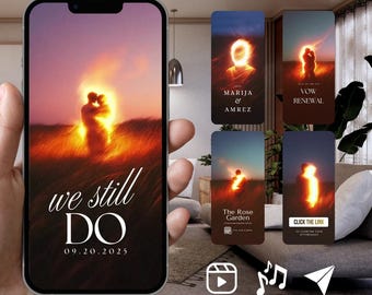 Puede incluir: Una pantalla de smartphone muestra una invitación digital con la silueta brillante de una pareja en un campo al atardecer. El texto dice we still DO 09.20.2025. Cuatro tarjetas digitales verticales adicionales muestran imágenes brillantes similares.