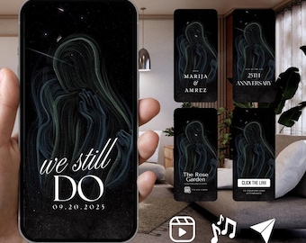 Puede incluir: Una pantalla de smartphone muestra una invitación digital con un fondo estrellado oscuro y una ilustración de líneas estilizadas de dos figuras abrazándose. El texto dice we still DO 09.20.2025, junto a paneles con detalles del evento.