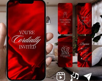 Puede incluir: Un teléfono inteligente muestra una plantilla de invitación de boda digital con un fondo de satén rojo intenso. La pantalla presenta el texto blanco 'YOU'RE Cordially INVITED'. Paneles adicionales muestran detalles del evento, incluyendo copas de champán, nombres, fechas y un programa.