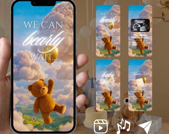Puede incluir: Una pantalla de smartphone digital que muestra un gráfico con un oso de peluche marrón flotando en un cielo azul con nubes, sosteniendo un globo dorado. El texto dice WE CAN bearly WAIT. Cuatro variaciones más pequeñas están a la derecha.
