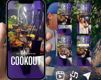 Puede incluir: Una pantalla de smartphone que muestra una interfaz de red social con un video de un buffet. El texto en la pantalla dice YOU'VE INVITED TO THE COOKOUT. El fondo muestra a una persona y una parrilla con brochetas de carne sobre el fuego.