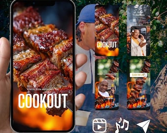 Puede incluir: Una pantalla de smartphone que muestra una invitación digital para una barbacoa, con una imagen en primer plano de brochetas de carne a la parrilla sobre llamas, el texto "YOU'VE BEEN INVITED TO THE COOKOUT" e iconos de redes sociales.