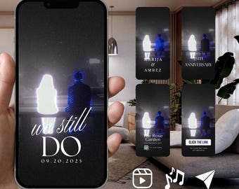 Puede incluir: Una pantalla de smartphone que muestra una invitación digital con fondo oscuro, con una silueta blanca brillante y una silueta azul de personas sentadas una al lado de la otra, con el texto we still DO y 09.20.2025.