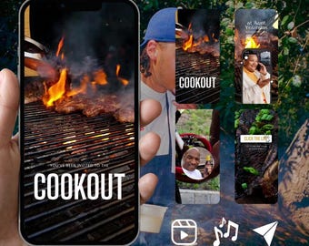 Puede incluir: Una pantalla de smartphone que muestra una invitación digital para una barbacoa, con un fondo de carne asándose sobre llamas abiertas y el texto YOU'VE BEEN INVITED TO THE COOKOUT. Otras superposiciones de pantalla muestran escenas de parrilla.
