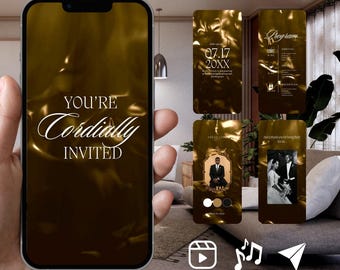Puede incluir: Una pantalla de smartphone muestra una invitación de boda digital con un fondo dorado oscuro de aspecto líquido. El texto "YOU'RE Cordially INVITED" aparece en blanco con fuentes serif y script. Paneles adicionales muestran detalles.