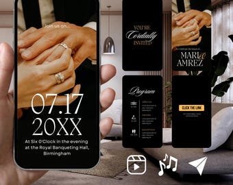 Puede incluir: Una plantilla de invitación de boda negra y dorada con una foto de las manos de una pareja con anillos. El texto en la plantilla dice "Join us on... 07.17 20XX A las seis en punto de la tarde en el Royal Banqueting Hall, Birmingham".