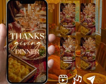 Puede incluir: Una pantalla de smartphone que muestra una invitación digital para una cena de Acción de Gracias con el texto JOIN US FOR THANKSGIVING DINNER sobre una imagen borrosa de un banquete. La pantalla muestra variantes de diseño con fechas.