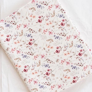Floral Rib Cotton Jersey Fabric: Ecru Flower Print - Soft & Stretchy