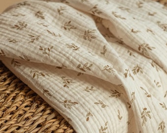 Ecru Double Gauze Fabric: Soft Muslin with Small Leaves Print