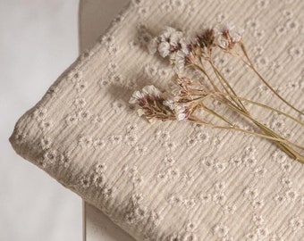 Embroidered muslin fabric, beautiful beige color double gauze fabric, premium quality, kids clothing, fabric by the yard