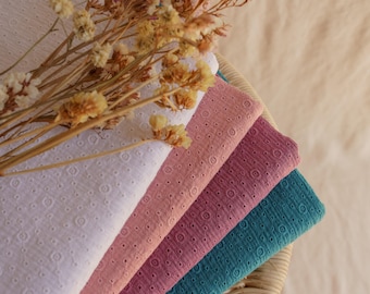 Pastel colors embroidered muslin fabric - varied shades, delicate geometric pattern - sewing fabric