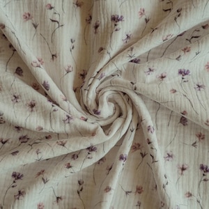 Violet flowers double gauze fabric, floral print muslin, baby clothing, sewing material, OEKO TEX