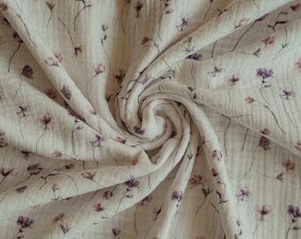 Violet flowers double gauze fabric, floral print muslin, baby clothing, sewing material, OEKO TEX